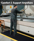 Worker using machine while standing on Heavy Duty Anti Fatigue Mat 3 Ft By 6 Ft Diamond Plate Ergonomic Standing Floor Mat
