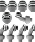 10 Pack 2 Inch Liquid Tight PVC Conduit Connectors Set Straight and 90 Degree and 180 Degree Non Metallic Flexible Fittings Gray