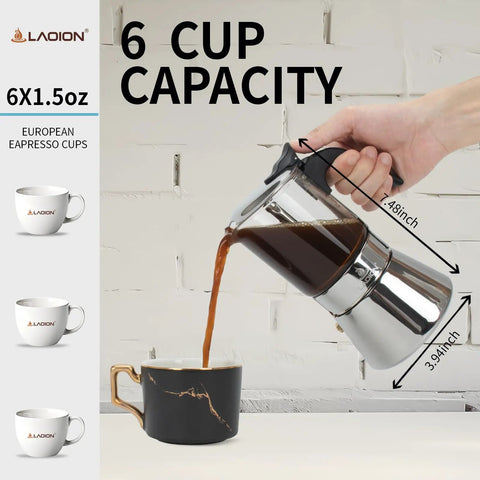 Stovetop Espresso Maker 6 Cup 240ml Classic Moka Pot With Crystal Glass Top And Stainless Steel Base For Cuban And Italian Coffee Lovers