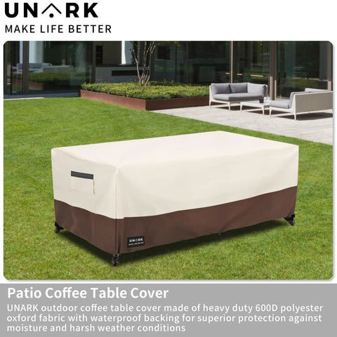 Outdoor Patio Coffee Table Cover 600D Waterproof Rugged Heavy Duty Table Cover For Beige And Brown 48 X 28 X 16 Inches Weatherproof Shield For Patio Furniture covering a rectangular outdoor table