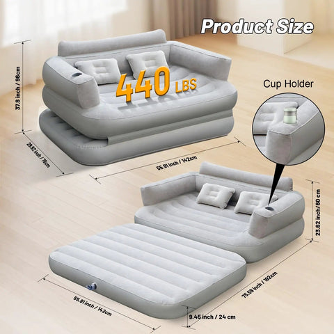 Full Size Inflatable Sofa Bed With Air Pump, shown in sofa and bed positions, PVC material, supports up to 440 lb.