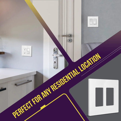 Screwless Decorator Wall Plates Two Gang White Gloss Finish Tough as Nails Durable Polycarbonate Outlet Covers in kitchen and hallway.