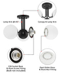 Diagram of 3 Light Dope Matte Black Semi Flush Mount Ceiling Light Fixture Modern Globe Sputnik with detail highlights