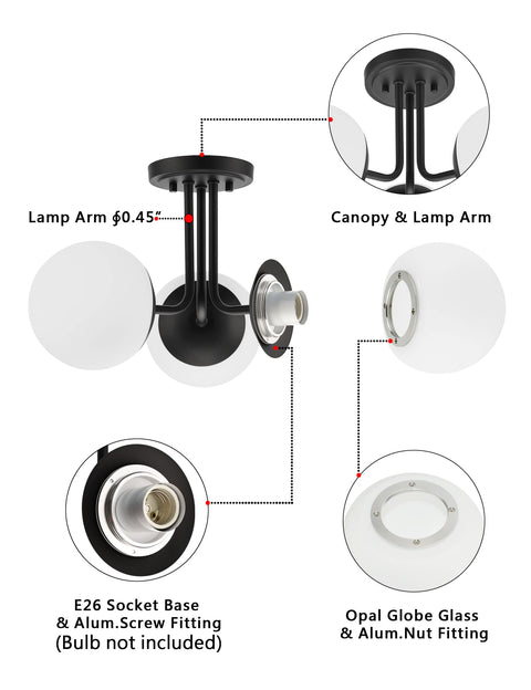 Diagram of 3 Light Dope Matte Black Semi Flush Mount Ceiling Light Fixture Modern Globe Sputnik with detail highlights