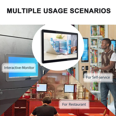 Straight Fire 15.6 Inch Digital Signage Display With 1080P LCD Panel used in multiple scenarios like restaurants and self-service stations.