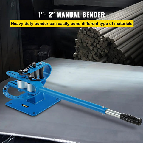 Beefy Manual Bender For 1 To 2 Inch Round And Square Metal Bars With 7 Bending Dies displayed in a workshop setting