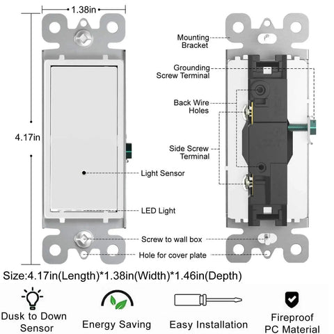 Diagram of 4 Pack Illuminated Light Switch With LED Night Light, Auto On/Off Sensor, Single Pole, 15A, 120/277V, White showing dimensions and features.
