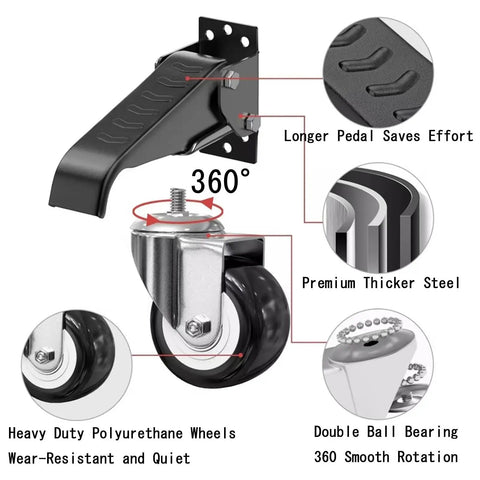 Retractable Workbench Casters With Quick Release Plate Four Pack showing heavy duty polyurethane wheels and longer pedal design