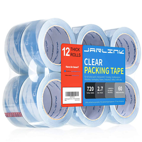 Heavy Duty Packing Tape 12 Roll Set Clear 2.7 Mil Thick 1.88 Inch Wide 60 Yards Per Roll 720 Total Yards Ideal For Shipping Moving And Sealing Ultra Clear Strong Adhesive