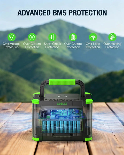 Power On The Go Portable Solar Generator with 519.48Wh lithium battery, AC outlets, BMS protection on wooden surface outdoors