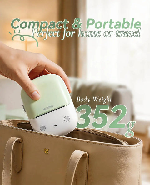 No Sweat Portable Label Maker With Bluetooth And One Touch Offline Printing For Sweet Home Office Organization Ready To Roll Including Tape In Classic Green White Finish held above a handbag.