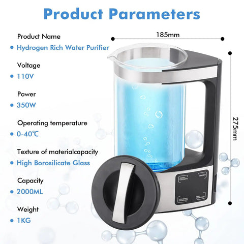Upgraded Hydrogen Water Generator 110V With SPE And PEM Technology showing 2L glass capacity and control panel