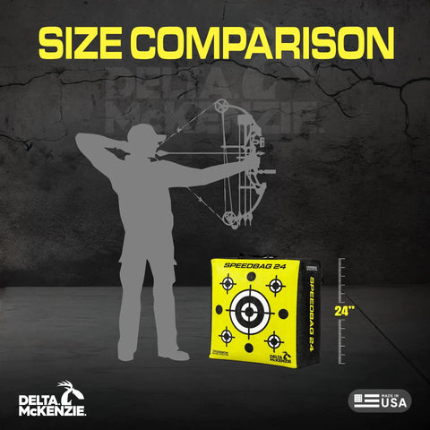 Size comparison showing Beast 24 Inch Dual Sided Archery Target For 475 FPS Compound Bows And Crossbows with an archer silhouette.