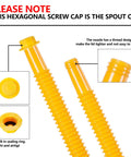 Gas Can Spout Replacement Kit 8.1 Inch Nozzle For Most Half One Five And Ten Gallon Oil Cans With Vent Cap Thick Rubber Pad Spout Cover And Base Caps For Easier Pouring And Leak Free Use, yellow threaded cap close-up