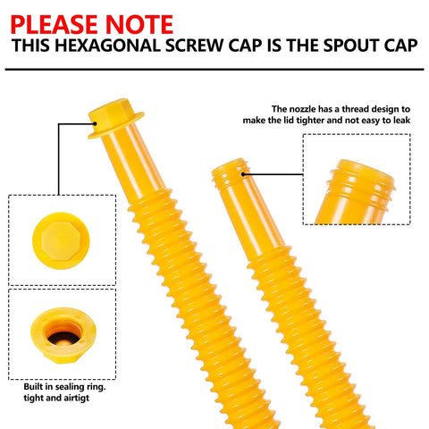 Gas Can Spout Replacement Kit 8.1 Inch Nozzle For Most Half One Five And Ten Gallon Oil Cans With Vent Cap Thick Rubber Pad Spout Cover And Base Caps For Easier Pouring And Leak Free Use, yellow threaded cap close-up