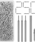 250 Pack Double Headed Skirting Nails Made Of Premium Carbon Steel displayed in a container with assorted nail sizes and a nail socket tool.