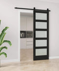 Frosted Glass Barn Door With Black Steel Frame And No Fuss Six Foot Sliding Hardware Kit, 30 By 84 Inches Solid Core Wood Door Installed