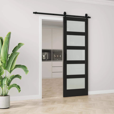 Frosted Glass Barn Door With Black Steel Frame And No Fuss Six Foot Sliding Hardware Kit, 30 By 84 Inches Solid Core Wood Door Installed