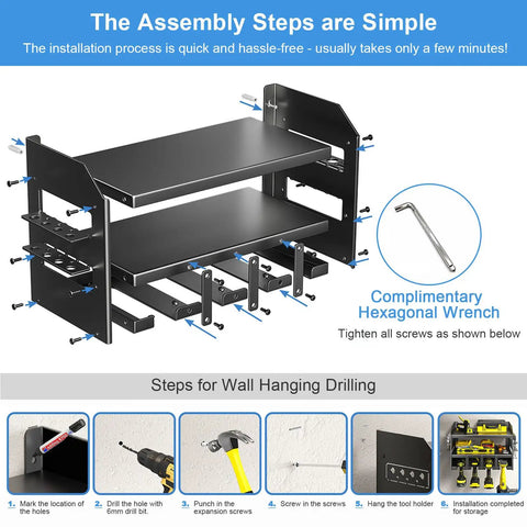 Wall Mount Power Tool Organizer Rack For Garage And Workshop Foldable Cordless Drill Hanger Electric Drill And Screwdriver Tool Rack Three Layers Four Slots Heavy Duty Carbon Steel Scratch And Rust Resistant Must Have Gear with assembly instructions and hex wrench.
