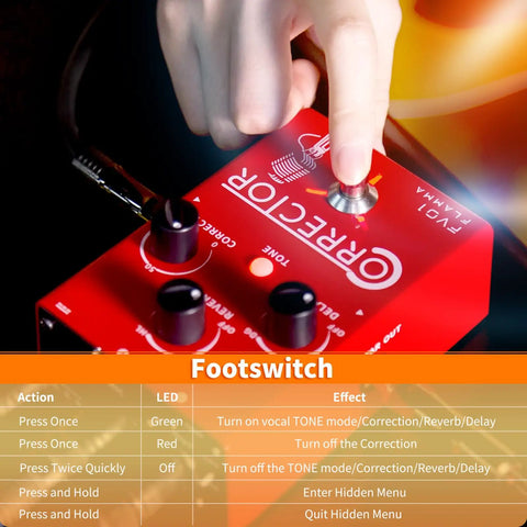 FV01 Vocal Effects Processor With Pitch Correction And Delay Reverb, showing footswitch controls and LED actions.