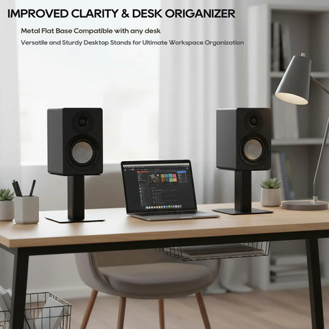 Desktop Speaker Stands Pair With A 7 By 7 Inch Metal Tray And 6 Inch Height Built For Studio Or Desk Setup near a laptop in an office