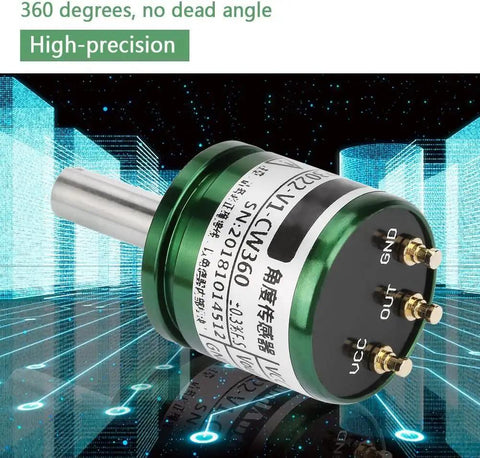 Green industrial Rotatable Hall Effect Sensor with 360-degree angle readout and pro grade 0 to 5V output, 12-bit resolution front view.