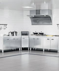 Corner Stainless Steel Prep Table With Cabinet For Work And Storage Heavy Duty Stain Resistant Commercial Kitchen Workstation shown in use.