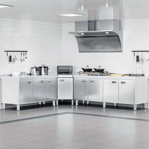 Corner Stainless Steel Prep Table With Cabinet For Work And Storage Heavy Duty Stain Resistant Commercial Kitchen Workstation shown in use.