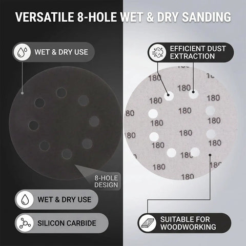 Grab 200 Count Of These Killer 5 Inch Sanding Discs With 8 Holes For Your Orbital Sander displaying 8-hole wet and dry sanding discs.