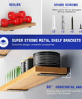 Heavy Duty Floating Shelf Brackets Set 6 Inch Long 6 Pack with black coated metal, holding weights and plates in living room setup.