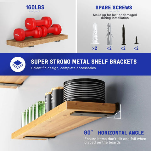 Heavy Duty Floating Shelf Brackets Set 6 Inch Long 6 Pack with black coated metal, holding weights and plates in living room setup.