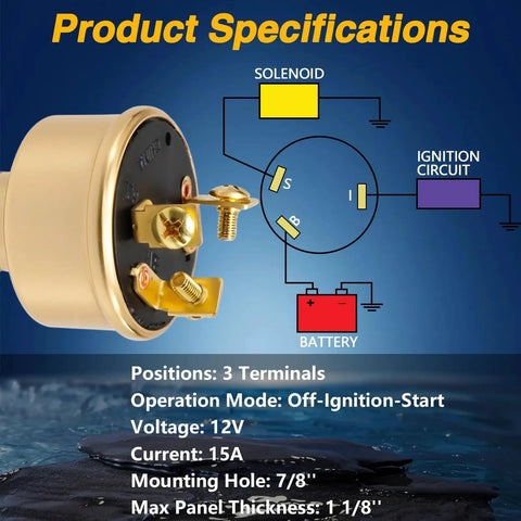 Detailed view of brass Heavy Duty Marine Ignition Switch For Boats 15 Amps 12 Volts Three Position Off Ignition Start With Two Keys Replacement MP39060 1 50 11621 Durable Marine Electrical Switch showing terminals and diagram