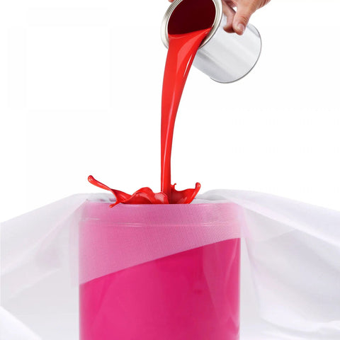 250 Mesh Paint Nylon Filter Sheet Pro Grade 39 By 39 Inches, 60 Micron Fine Screen filtering red paint into container