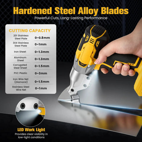 Beefy 221 Ft Lbs Torque Cordless Metal Shears With 360 Degree Pivoting Head displaying cutting capacity on metal sheet