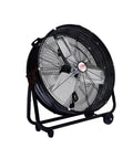 24 Inch Straight Up Heavy Duty Industrial Electric Floor Fan Rolling On Caster Wheels For Built Like A Tank Durability And Kickin Up Major Workshop Warehouse Cooling Performance with black steel casing and smooth casters.