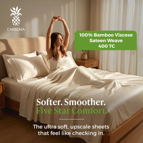 Luxurious Bamboo Viscose Sheet Set In Coconut Milk Fits Standard Split King Bed Frames, showcasing a woman enjoying the buttery smooth finish.