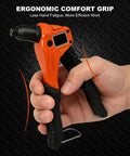 Hand holding 4 In 1 Beefy Rivet Gun Kit For Metal With 200 Blind Rivets, ergonomic grip, black and orange design