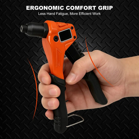 Hand holding 4 In 1 Beefy Rivet Gun Kit For Metal With 200 Blind Rivets, ergonomic grip, black and orange design