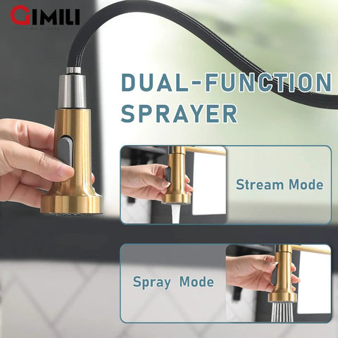 Brushed Gold Kitchen Faucet With Soap Dispenser, Single-Handle Spring Pull-Out And Pull-Down Sprayer showing dual spray modes.