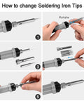 Step-by-step guide on changing soldering tips for 80W Soldering Iron Kit With Digital LCD Display, Temperature Adjustable From 392 To 842 Degrees Fahrenheit, Fast Heating Ceramic Core, On Off Switch, Thermostatic Design For Electronics DIY And Repair.