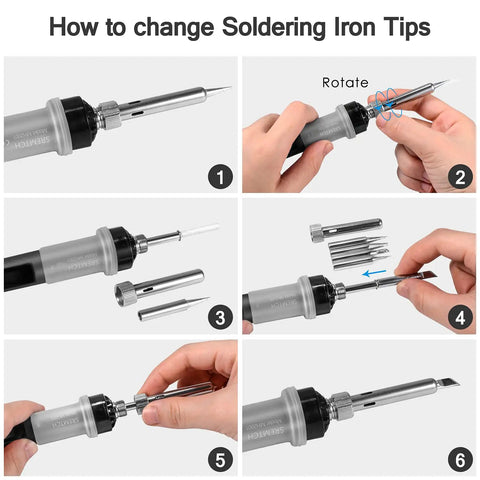 Step-by-step guide on changing soldering tips for 80W Soldering Iron Kit With Digital LCD Display, Temperature Adjustable From 392 To 842 Degrees Fahrenheit, Fast Heating Ceramic Core, On Off Switch, Thermostatic Design For Electronics DIY And Repair.