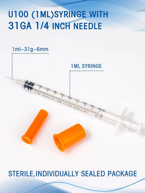 One Milliliter Disposable Lab Syringes With Caps, 31 Gauge By Quarter Inch 6 Mm, clear syringe with orange cap, individually sealed