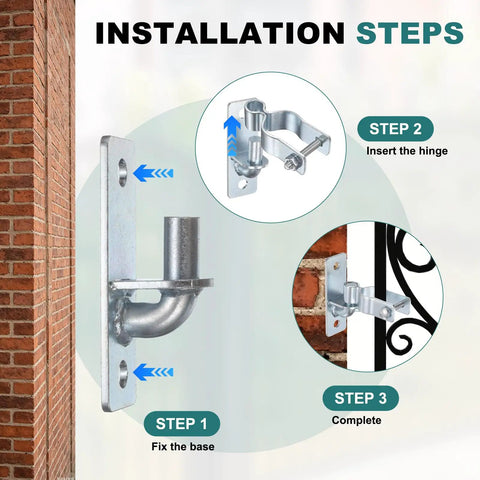 Installation steps for Wall Mount Gate Hinge Set For Chain Link Fences showing base fixation, hinge insertion, completion.