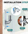 Installation steps for Wall Mount Gate Hinge Set for Chain Link Fence, showing fixing base and hinge insertion on brick wall.