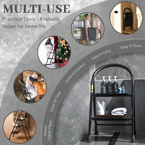 2 Step Folding Step Stool With Wide Anti Slip Pedal And Comfort Handgrip Lightweight Steel Ladder Portable For Home Easy Open Safety Fold Supports Up To 330 Pounds shown in multiple home uses.