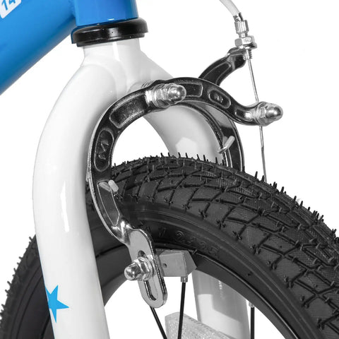 Front brake detail on 14 Inch BMX Style Kids Bike Pluto With Training Wheels For Boys And Girls, Blue.