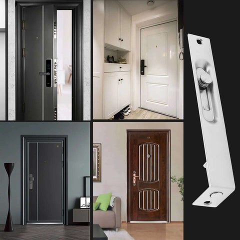 6 Inch Flush Bolt For Double French Doors And Patio Wood Doors Built Tough Heavy Duty Stainless Steel Concealed Sliding Door Latch In Brushed Chrome Finish Pack Of 2 With Mounting Screws Included shown installed on various doors.