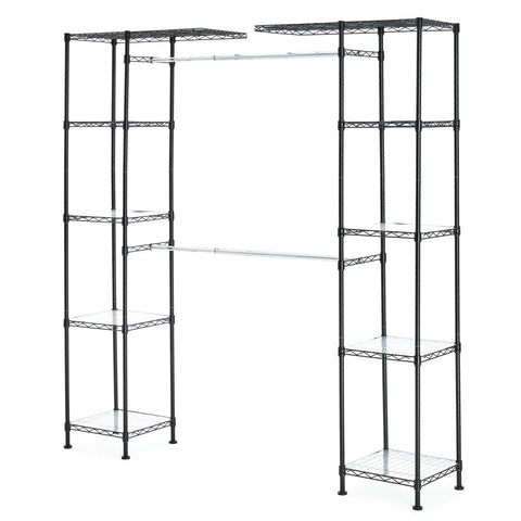 Expandable Metal Hanging Closet Organizer Featuring Two Adjustable Rods And Ten Heavy Duty Shelves Flat Out Tough Steel Wire Build For Smooth Setup Straight Up Versatile Closet Storage Rack In Black