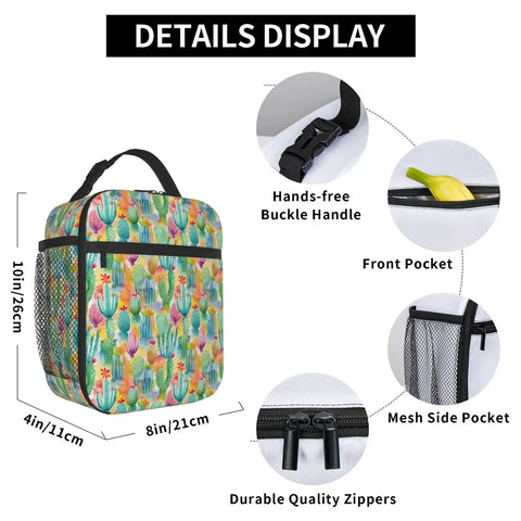 Desert Cactus Flower Insulated Lunch Bag Tote Portable Lunch Box with buckle handle, front pocket, mesh side, and zippers.