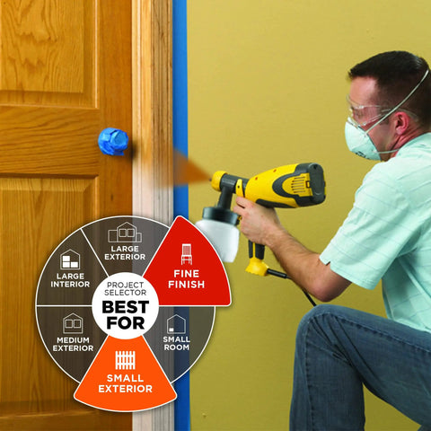 Person using Control Spray Double Duty HVLP Stain Sprayer for staining door with guide showing best project uses